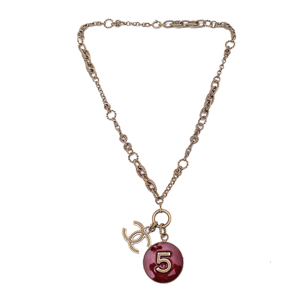 Chanel - Rare CC N°5 Burgundy  Medallion Gold Toned Necklace 